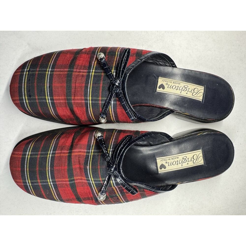Vintage Brighton Holly Mules‎ 7.5 N Plaid Leather Sole Made In Italy Heels Rare